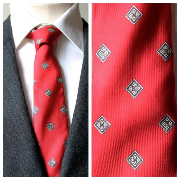 Vintage Men's Dark Red, Blue & Off White Diamond Print Silk Tie | Neckties - Picture 1 of 10